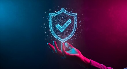 Cybersecurity protection concept with glowing shield held above hand, digital security and compliance is assured