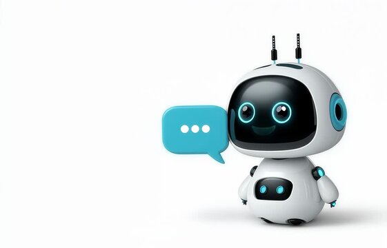 Cute 3D Chatbot Robot with Speech Bubble on White Background. Video.