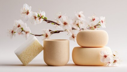 Elegant floral arrangement with soap and a ceramic cup, serene composition.