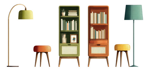 Modern Home Decor Elements Featuring Colorful Shelves and Stylish Lighting Fixtures