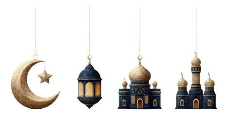 Obraz premium Decorative Hanging Ornaments of Moon, Lantern, Mosque in Middle Eastern Art Style