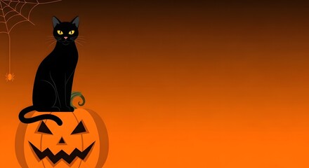 A spooky black cat sits on a jack-o-lantern for a festive Happy Halloween with Copyspace background