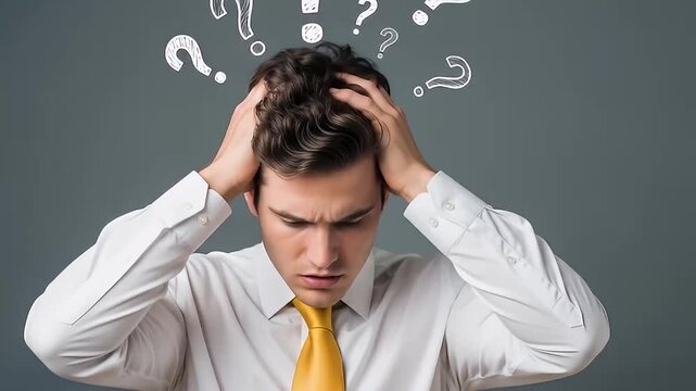 Businessman holding his head with many questions floating around	
