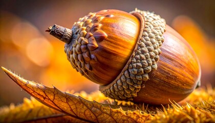 A macro ultra hyper realistic close-up of a perfectly formed acorn and its cap.