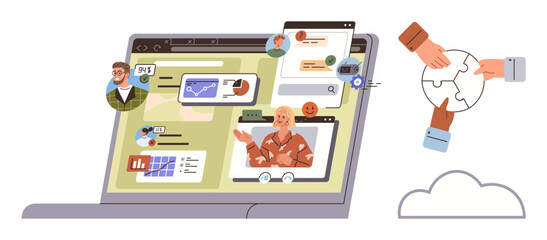 Opened laptop with video conferencing, data sharing tools, team communication, cloud connection, hands assembling puzzle pieces. Ideal for remote work, teamwork, productivity, digital collaboration