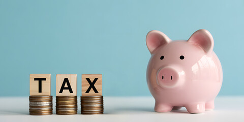 Piggy bank with TAX message and coins, symbolizing savings, finance, and financial planning concepts for future goals