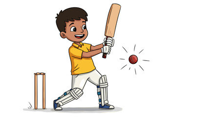 Young Boy Enthusiastically Playing Cricket Sport Batting Ball Action Isolated On Transparent Background