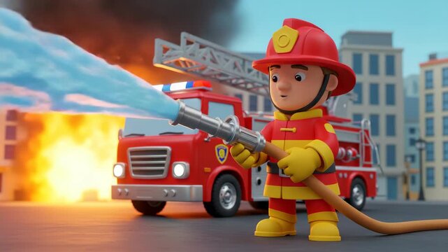 Animated Firefighter Cartoon with Water Hose Extinguishing a Fire in City Streets with Red Truck and Ladder with a Red Helmet and Protective Gear