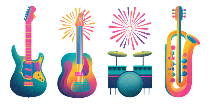 Vibrant Musical Instruments with Colorful Fireworks on Transparent Background