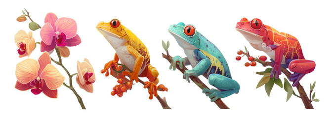 Fototapeta premium Colorful Frogs and Orchids Isolated on Transparent Background in Artistic Style