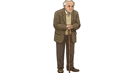 Elderly Man with Cane Standing Smiling Happily Isolated on Transparent Background