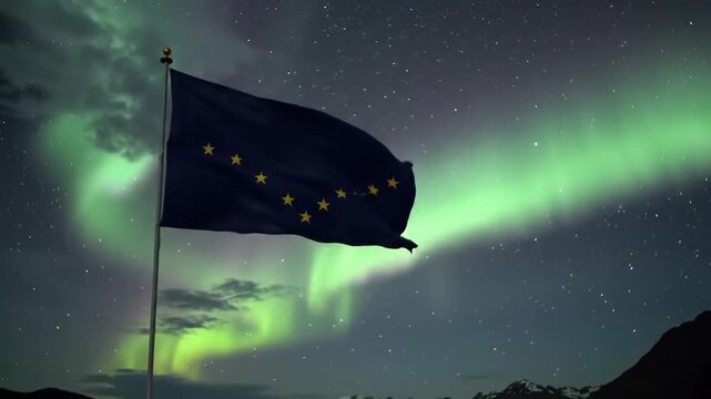 The Alaskan state flag waves against a backdrop of vibrant green and white aurora borealis, illuminating the night sky.