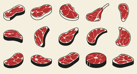 High-quality vector PNG illustrations of various cuts of meat, perfect for restaurant menus, butcher shop advertisements, or culinary websites.  These detailed images are ideal for creating visually
