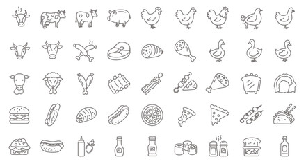 A comprehensive collection of outline vector icons illustrating various meat products, farm animals, and popular fast food items, suitable for diverse design projects.