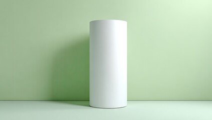 Minimalist white cylinder object on pastel green background studio.