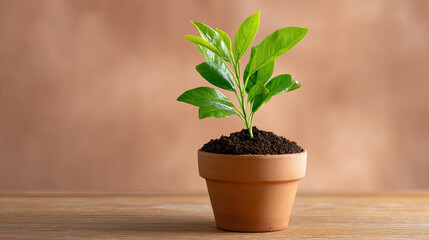 Fototapeta premium Young plant with fresh leaves emerging from soil in terracotta pot, symbolizing growth and renewal. vibrant green leaves contrast beautifully with earthy tones of pot and background