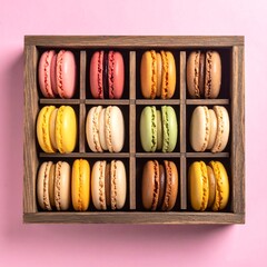 Colorful Macarons in Wooden Box.