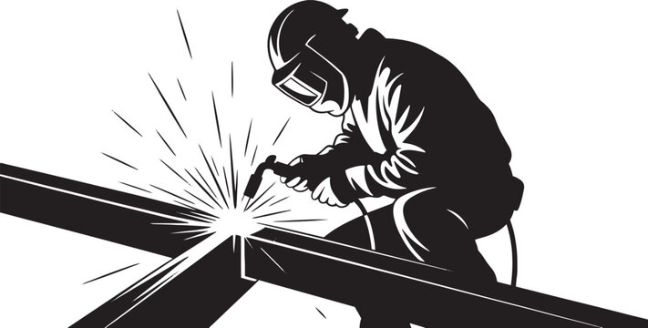 Welder working on metal beams with sparks welding construction