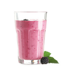 Glass of fresh blackberry smoothie and berry on white background