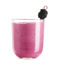 Glass of fresh blackberry smoothie garnished with berry on white background
