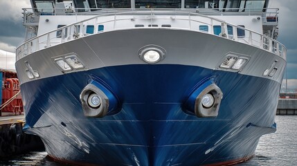 A closeup of the ferrys bow reveals large twin headlights and sturdy railings emphasizing its robust construction and readiness for the busy transport of passengers and cargo alike.