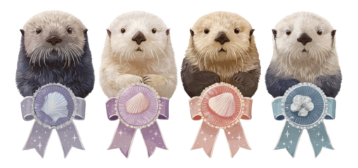 Cute Cartoon Sea Otters with Blue and Pink Ribbons in Soft Colors and Delicate Style