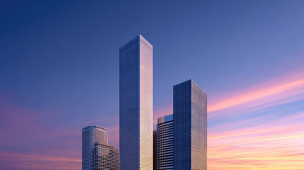 Obraz premium Modern skyscrapers reflect vibrant colors of sunset, showcasing sleek glass facades against dramatic sky. scene evokes sense of urban beauty and architectural elegance