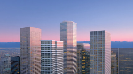 Fototapeta premium Modern skyscrapers reflect last rays of sunlight, showcasing stunning city skyline at dusk. buildings stand tall against gradient sky, creating serene urban atmosphere
