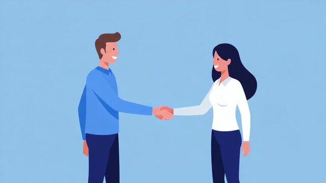 Pixelated Illustration of Man and Woman Handshaking in Blue Background Minimalist Cartoon Style Business Deal and Partnership and Agreement
