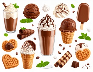  A Set of 3D Vector Ice Cream Dessert Items- Chocolate Sundae, Ice Cream, Whipped Cream,