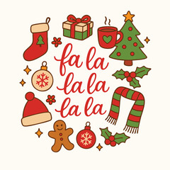 Christmas Carols Celebration Season Greeting Present Tree Xmas Vector Gingerbread Scarf Ornament Hat Stocking Cocoa Fun Holiday Illustration Print 