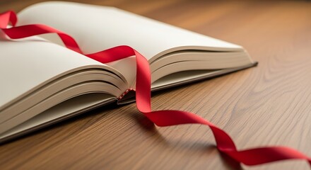 An open book with a red ribbon draped across its pages, resting on a wooden surface.
