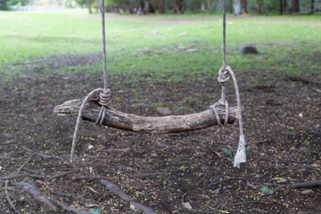 Handmade swing with old rope and a tree branch for the seat