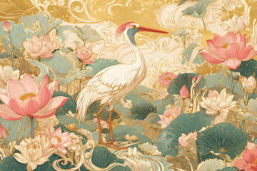 Naklejka premium 전통 회화 백로 일러스트 (화려한 배경)