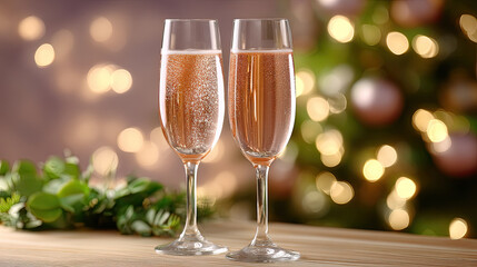 Sparkling champagne glasses filled with bubbly drink are elegantly displayed on wooden table, surrounded by festive greenery and beautifully lit Christmas tree in background