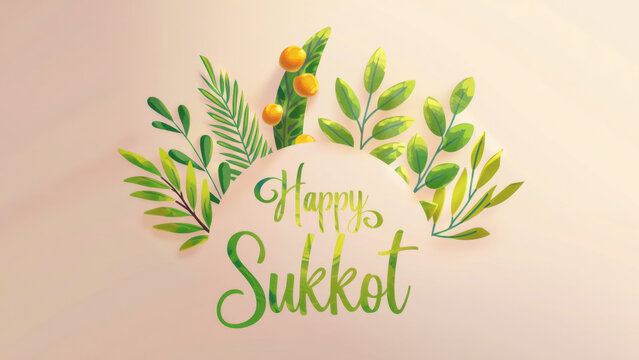 Happy Sukkot greeting card with lulav and etrog illustration, festive Jewish holiday design, arba minim leaves on cream background, colorful artwork for chag sameach celebration