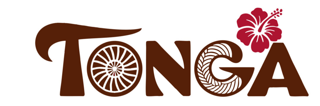 Tonga typography logo with tribal Polynesian patterns, red hibiscus flower, and traditional decorative elements on transparent background
