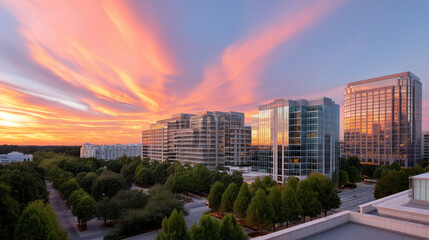 Modern corporate office towers reflect vibrant colors of sunset, surrounded by lush greenery and serene atmosphere. scene captures beauty of urban architecture against stunning sky