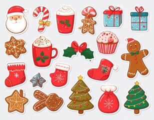 Fototapeta premium Christmas stickers collection with cute seasonal elements