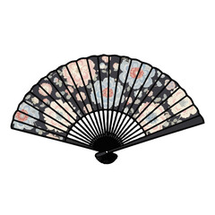 A black folding fan with a floral pattern pink, blue, and cream flowers, isolated on a transparent background