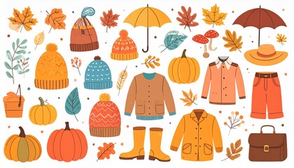 Fototapeta premium Autumn harvest and fall favorites elements set. Thanksgiving basket and cornucopia. 