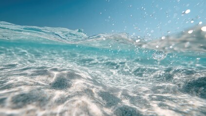 Crystal clear underwater view of shallow ocean water with sunlight and sandy seabed.