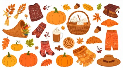 Autumn harvest and fall favorites elements set. Thanksgiving basket and cornucopia. 
