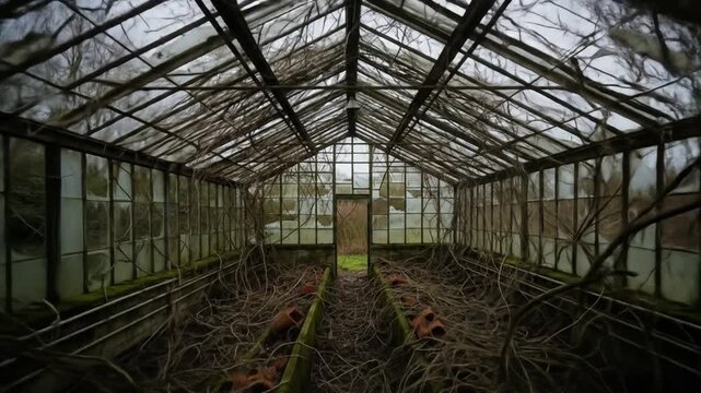 Abandoned greenhouse glass roof overgrown with vines and roots with broken panes and clay pots
