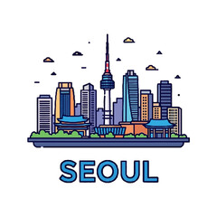 Obraz premium Stylized illustration the seoul skyline with iconic landmarks like n seoul tower and modern skyscrapers
