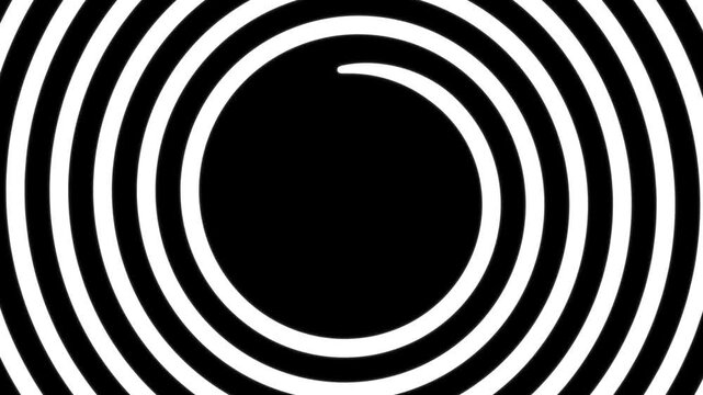 Abstract black and white hypnotic spiral animation. Seamless looping background of a spinning vortex. Optical illusion with concentric circles creating a psychedelic and dizzying effect. Copy space.