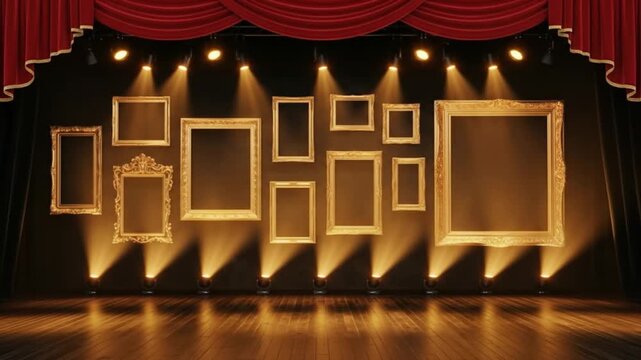 Stage with Gold Frames and Red Curtains