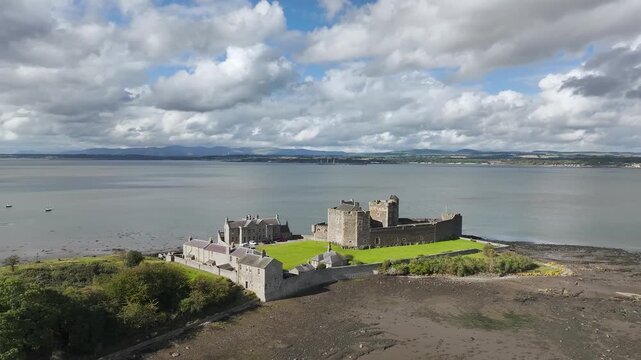 Blackness Castle over Forth Estuary from a drone, Blackness, Scotland
