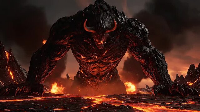 Epic Cinematic Flyover of a Fiery Volcanic Landscape with Eruptions and Flowing Lava