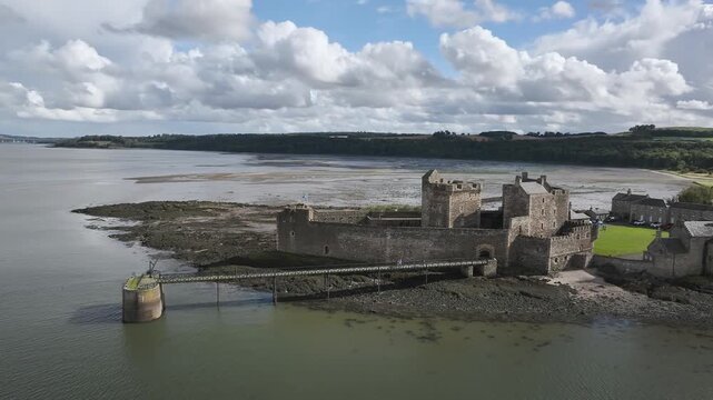 Blackness Castle over Forth Estuary from a drone, Blackness, Scotland